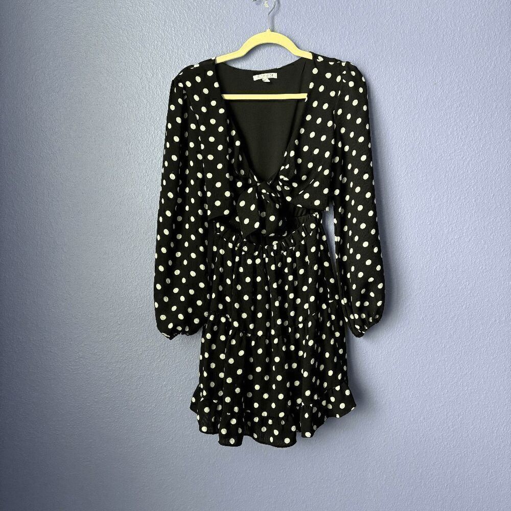 Women's City Vibe Dress Polka Dot Tie Front Mini Long Sleeve Black & White Small